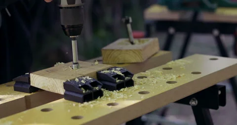 Drilling wood using forstner drill bit, close-up Stock Footage 159742448