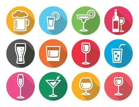 Drink alcohol beverage round flat design icons set Stock Illustration
