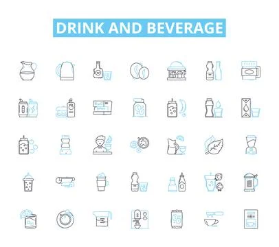 Drink and beverage linear icons set. Soda, Tea, Coffee, Juice, Smoothie, Milk Stock Illustration