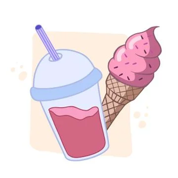 Drink and ice cream. Vector color sketch in cartoon style. Illustration of fa Stock Illustration