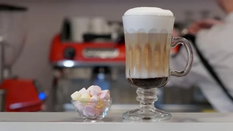 Drink and marshmallows stand on the bar of a restaurant. Stock Footage 151099261