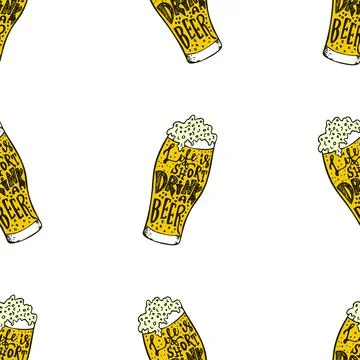 Drink Beer hand drawn lettering seamless pattern. Octoberfest Beer lovers Stock Illustration