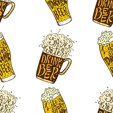 Drink Beer hand drawn lettering seamless pattern. Octoberfest Beer lovers Stock Illustration