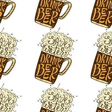 Drink Beer hand drawn lettering seamless pattern. Octoberfest Beer lovers Stock Illustration