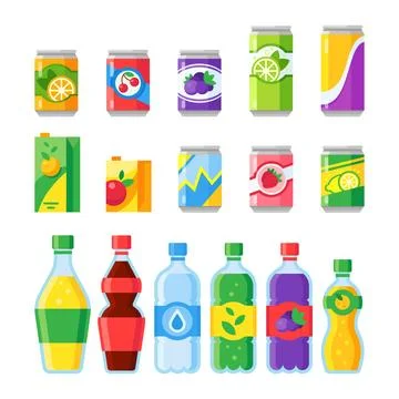 Drink beverages. Cold energy or fizzy soda beverage, sparkling water and fr.. Stock Illustration