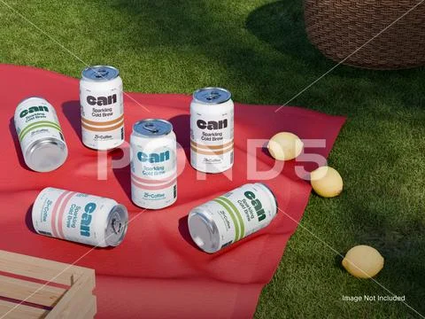 Drink Can in Picnic Setting 3D Rendering Mockup PSD Template