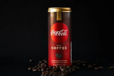 Drink Coca-Cola with coffee extract and caramel flavor. Editorial. Stock Photos