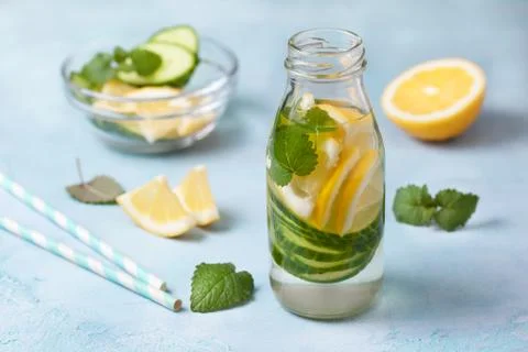 Drink with cucumber, lemon Stock Photos