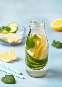 Drink with cucumber, lemon Stock Photos