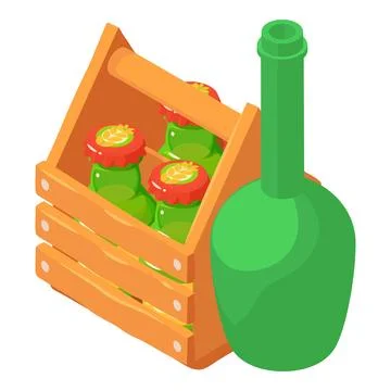 Drink delivery icon isometric vector. Beer wooden box near opened wine bottle Stock Illustration