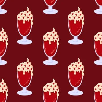 Drink with dessert seamless pattern with creamy topping and red heart in flat Illustrazione stock