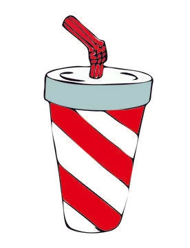 Drink in a disposable paper cup with a paste lid and a cocktail straw. The gl Stock Illustration