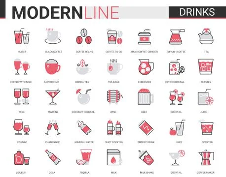 Drink flat thin red black line icons vector illustration set of coffee or tea Stock Illustration