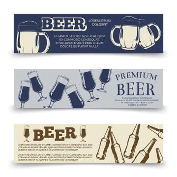 Drink horizontal banners template with beer mugs, glasses and bottles Stock Illustration