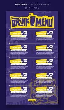 Drink menu design for ramadan iftar party with arabic typography in purple .. Stock Illustration