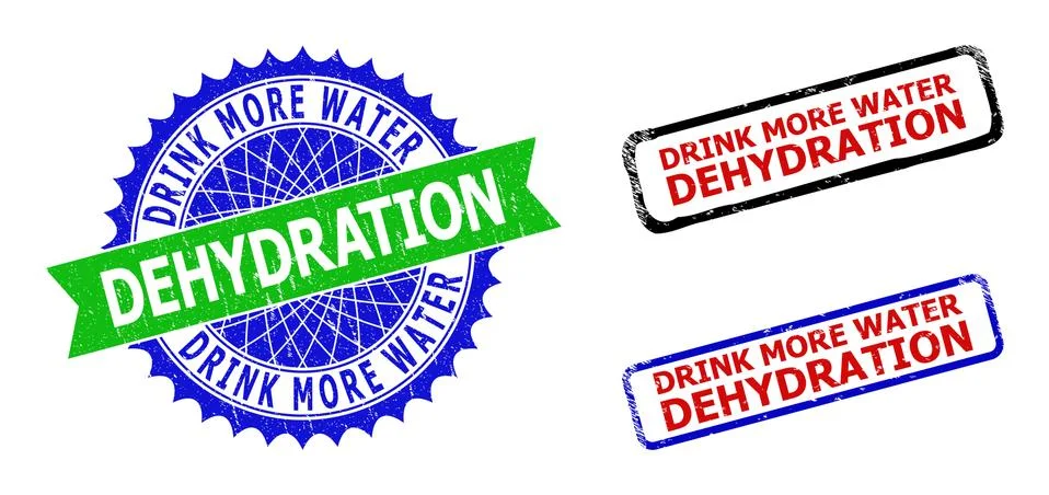 DRINK MORE WATER DEHYDRATION Rosette and Rectangle Bicolor Stamps with Grunge Stock Illustration