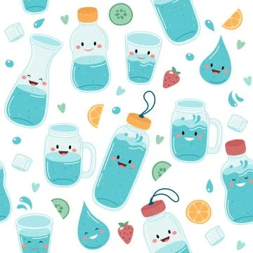 Drink more water. Seamless pattern with cute bottles and glasses Illustrazione stock