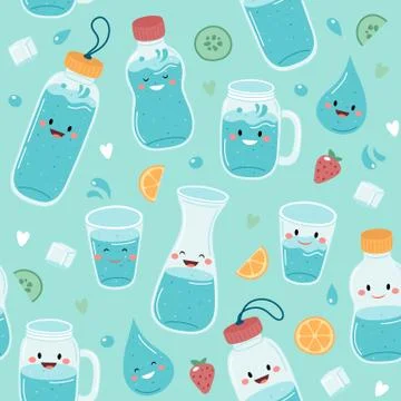 Drink more water. Seamless pattern with cute bottles and glasses Illustrazione stock