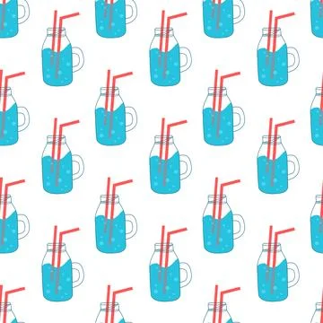Drink more water. Seamless Pattern with Bottle and straw. Glass for drinking Stock Illustration
