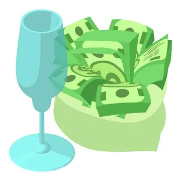 Drink production icon isometric vector. Wine glass near dollar banknote bag icon Stock Illustration