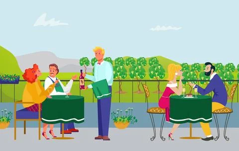 Drink wine at vineyard, vector illustration, flat man woman charcaetr rest at Ilustração Stock