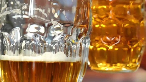 Drinking beer. They are checking in with their beer mugs. Stock Footage 340105704