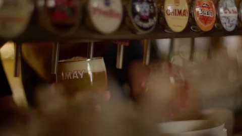Drinking Belgian beer point of Belgian cafe in Brussels background. Belgium. Stock Footage 94262807
