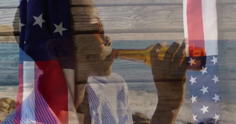 Drinking from bottle, person with American flag and wooden texture animation Stock Footage 305123375