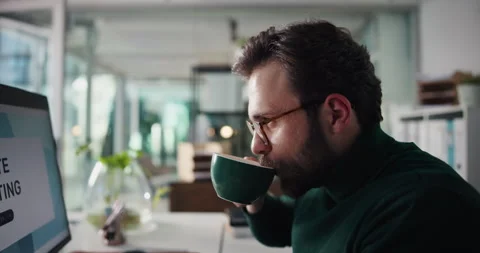 Drinking, coffee and man with computer in office, creative or proofreading Stock Footage 316750955