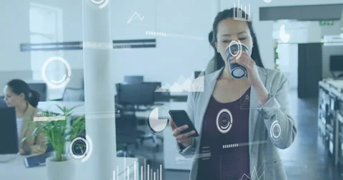 Drinking coffee and using smartphone, woman with data processing animation over Stock Footage 305292032