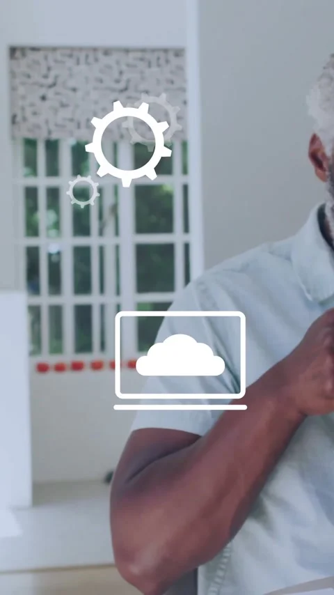Drinking coffee and working on laptop, man with business icons animation over Stock Footage 342813037