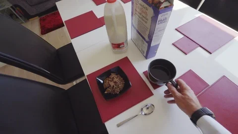 Drinking Coffee at breakfast table. POV, First Person, 4K. Stock Footage 113822452