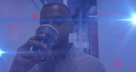 Drinking coffee, man with digital data processing animation overlay in office Stock Footage 304201930