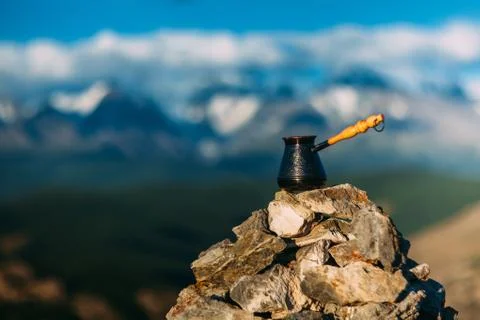 Drinking coffee with stunning mountain view. Beautiful Himalayas landscape with Stock Photos