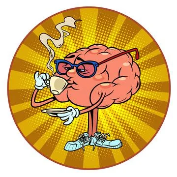 Drinking a cup of hot coffee human brain character, smart wise Stock Illustration