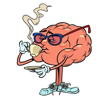 Drinking a cup of hot coffee human brain character, smart wise Stock Illustration