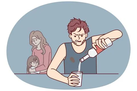 Drinking father sitting at table, pours vodka into glass, ignoring upset wife Stock Illustration