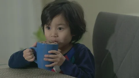 Drinking Hot Chocolate Cute Asian Little Boy Toddler Smiling Laughing Happy 1 Stock Footage 102877433