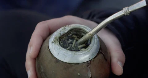 Drinking mate typical drink in Chile and Argentina Stock Footage 90405621