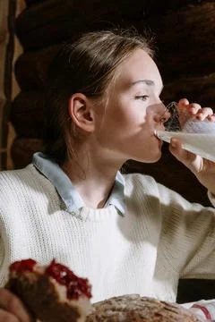 Drinking Milk and Eating Bread with Jam - 1 Stock Photos
