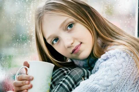 Drinking Tea in the Rainy Day Stock Photos