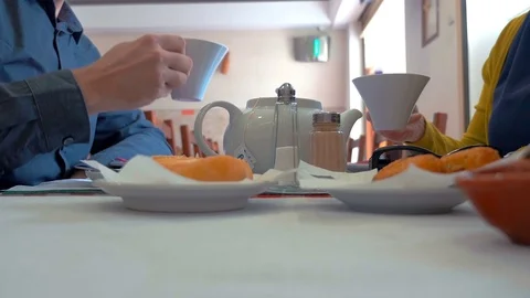 Drinking tea in the restaurant in 4K Stock Footage