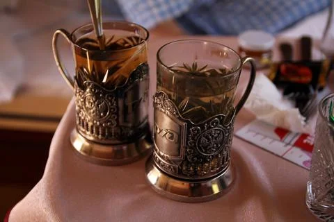 Drinking tea on a train in Russia 写真素材