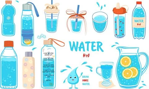 Drinking water hydration collection with bottles and glasses vector 스톡 일러스트
