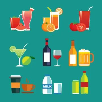 Drinks and beverages flat design icon set Stock Illustration