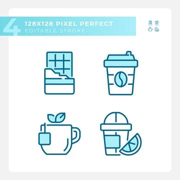 Drinks and desserts pixel perfect blue RGB color icons set Stock Illustration