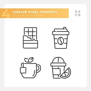 Drinks and desserts pixel perfect linear icons set Stock Illustration