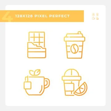 Drinks and desserts pixel perfect gradient linear vector icons set Stock Illustration