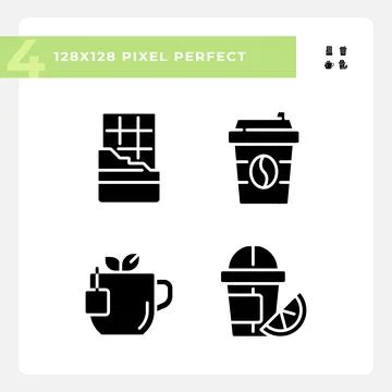 Drinks and desserts pixel perfect black glyph icons set on white space Stock Illustration