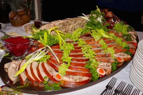 Drinks And Meals On The Buffet Table Stock Photos